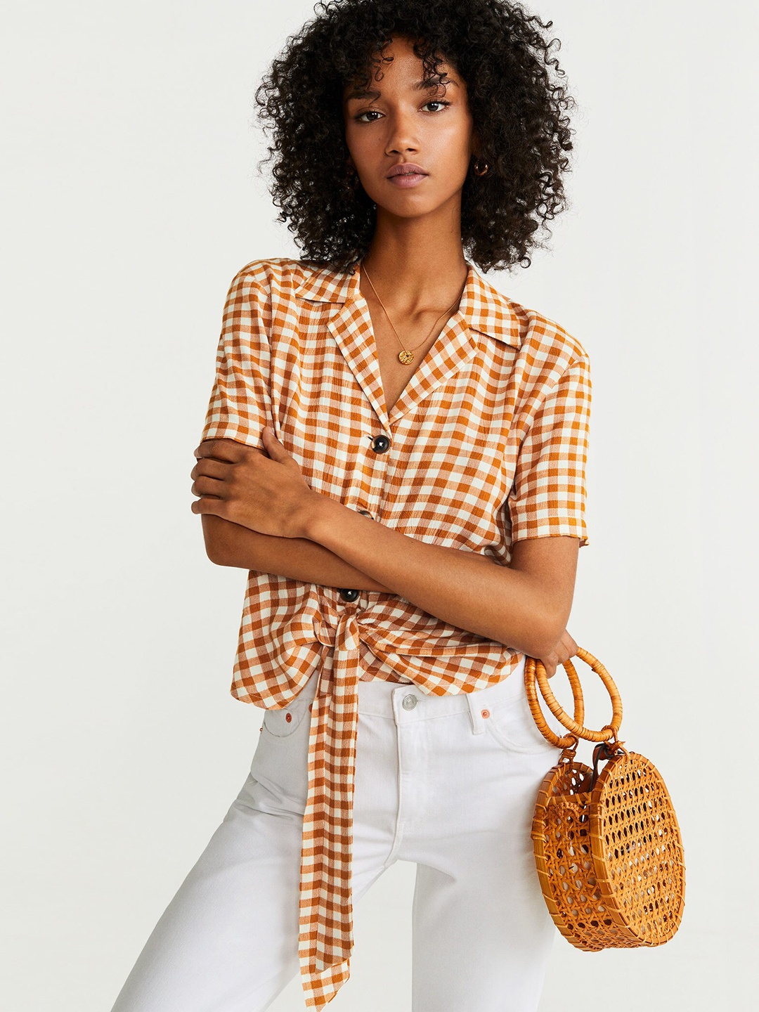 

MANGO Women Mustard Brown & Off-White Regular Fit Checked Casual Shirt