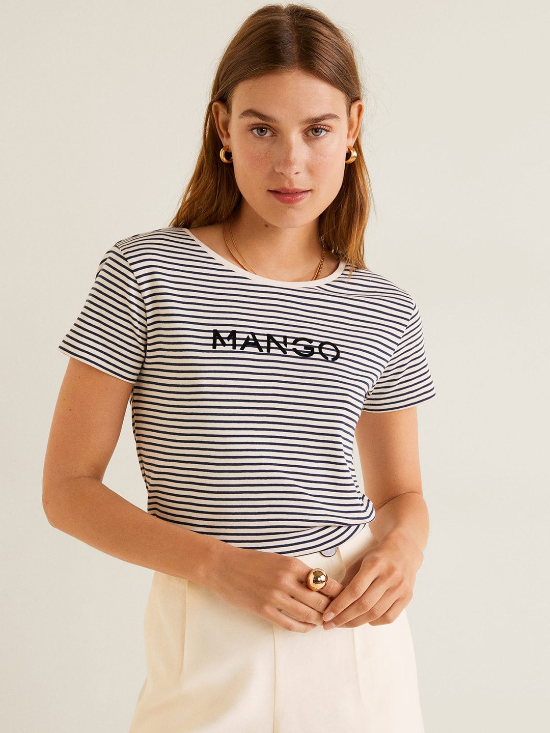 

MANGO Women White & Navy Blue Striped Round Neck T-shirt
