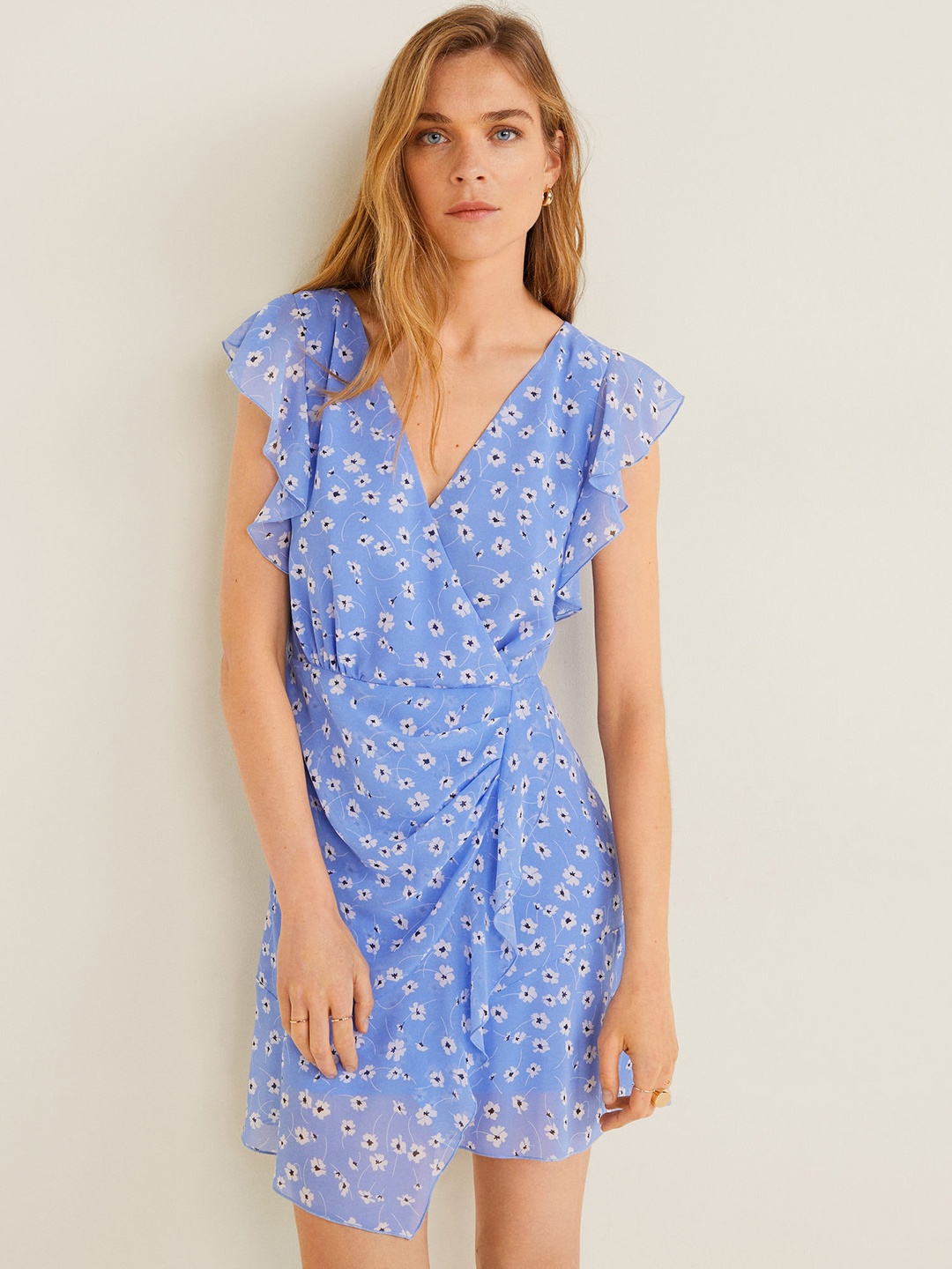 

MANGO Women Blue & White Floral Printed Wrap Dress