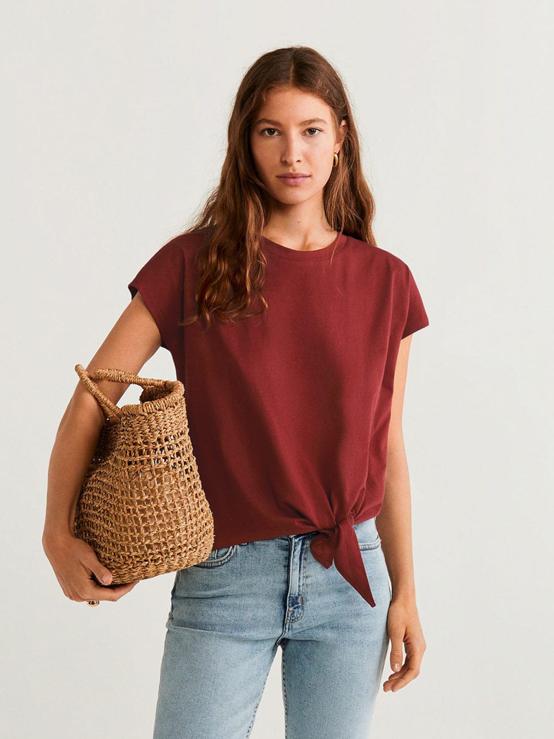 

MANGO Women Maroon Solid Pure Cotton Top