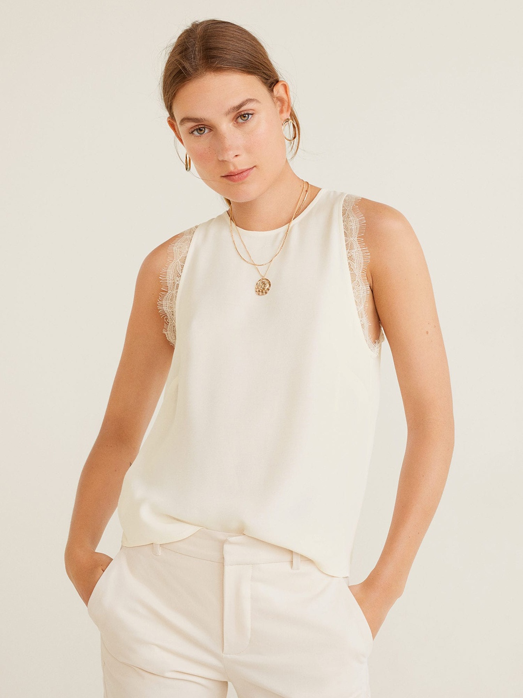 

MANGO Women Off-White Solid Top