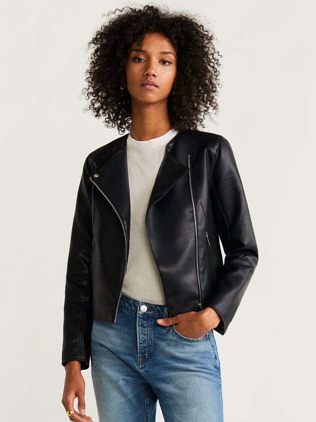 

MANGO Women Black Solid Biker Jacket