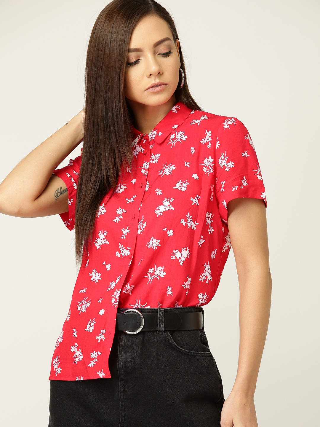 

MANGO Women Red & White Regular Fit Printed Casual Shirt