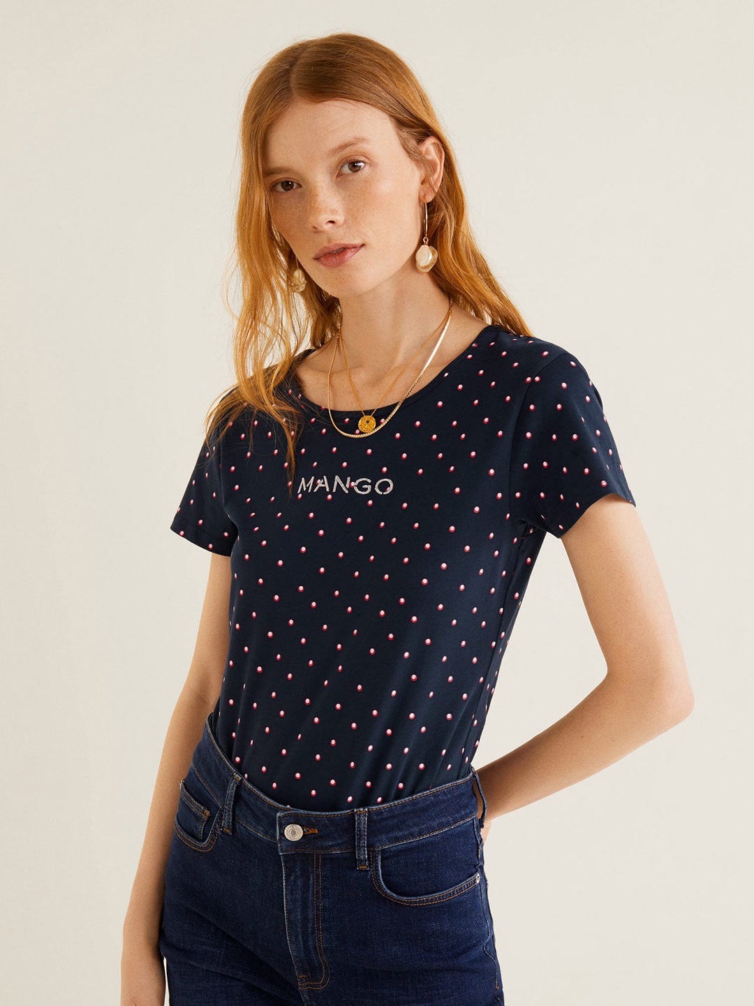 

MANGO Women Navy Blue & Red Printed Round Neck T-shirt