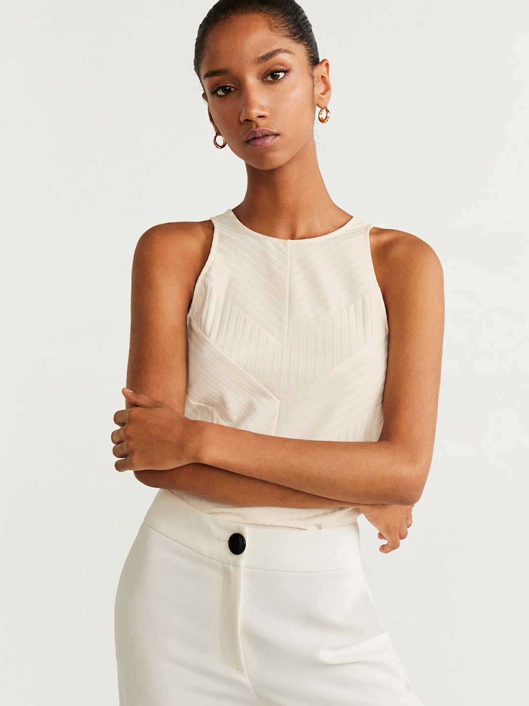 

MANGO Women Cream-Coloured Self-Striped Top