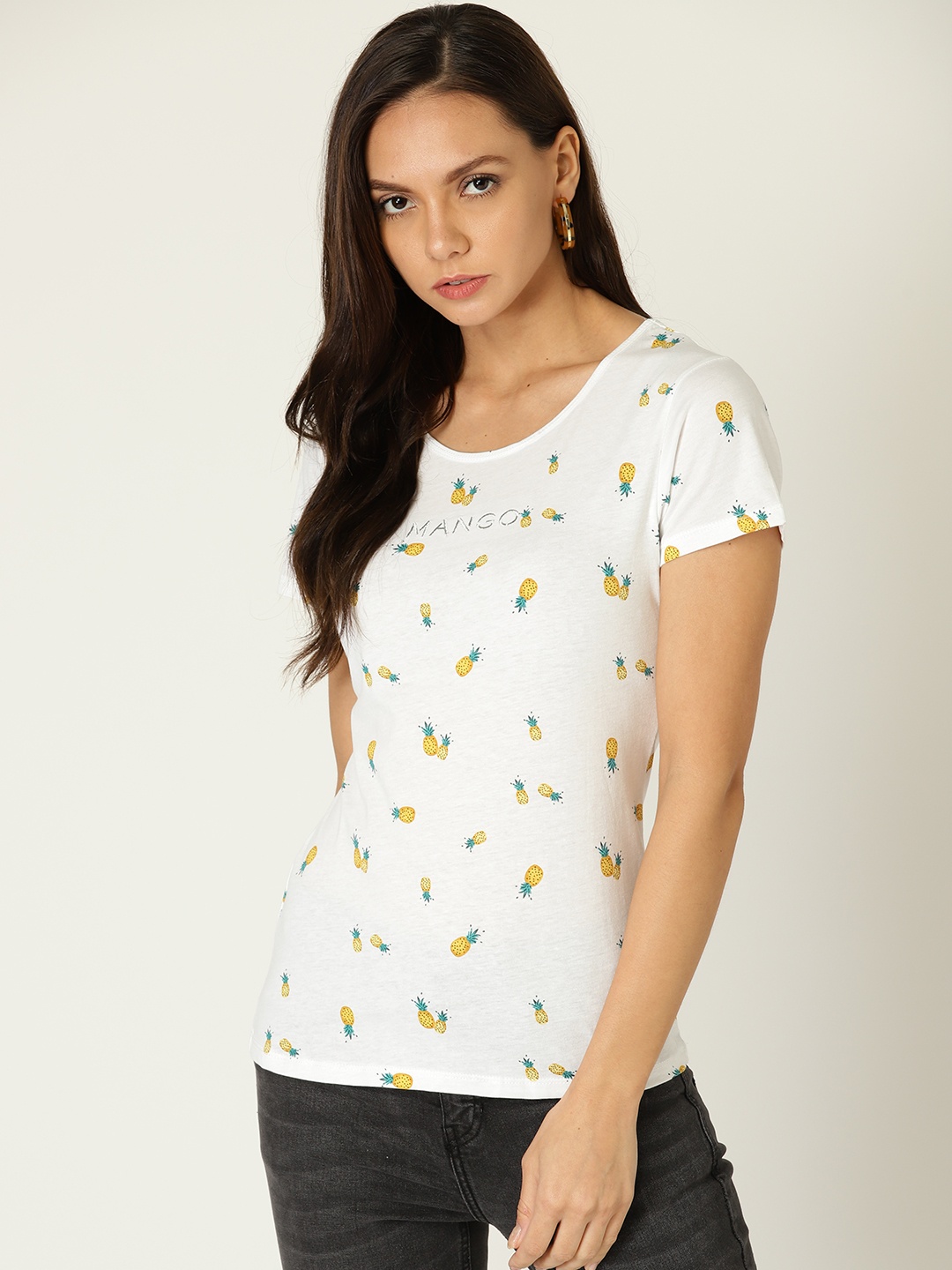 

MANGO Women White & Yellow Printed Round Neck T-shirt
