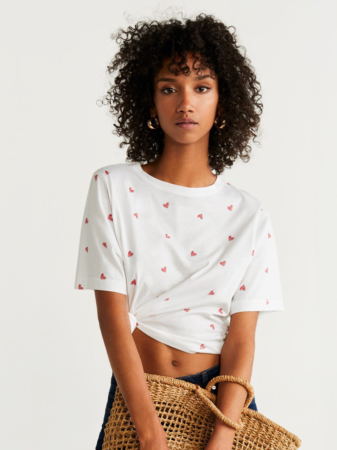 

MANGO Women White & Red Printed Round Neck Boxy T-shirt, Off white
