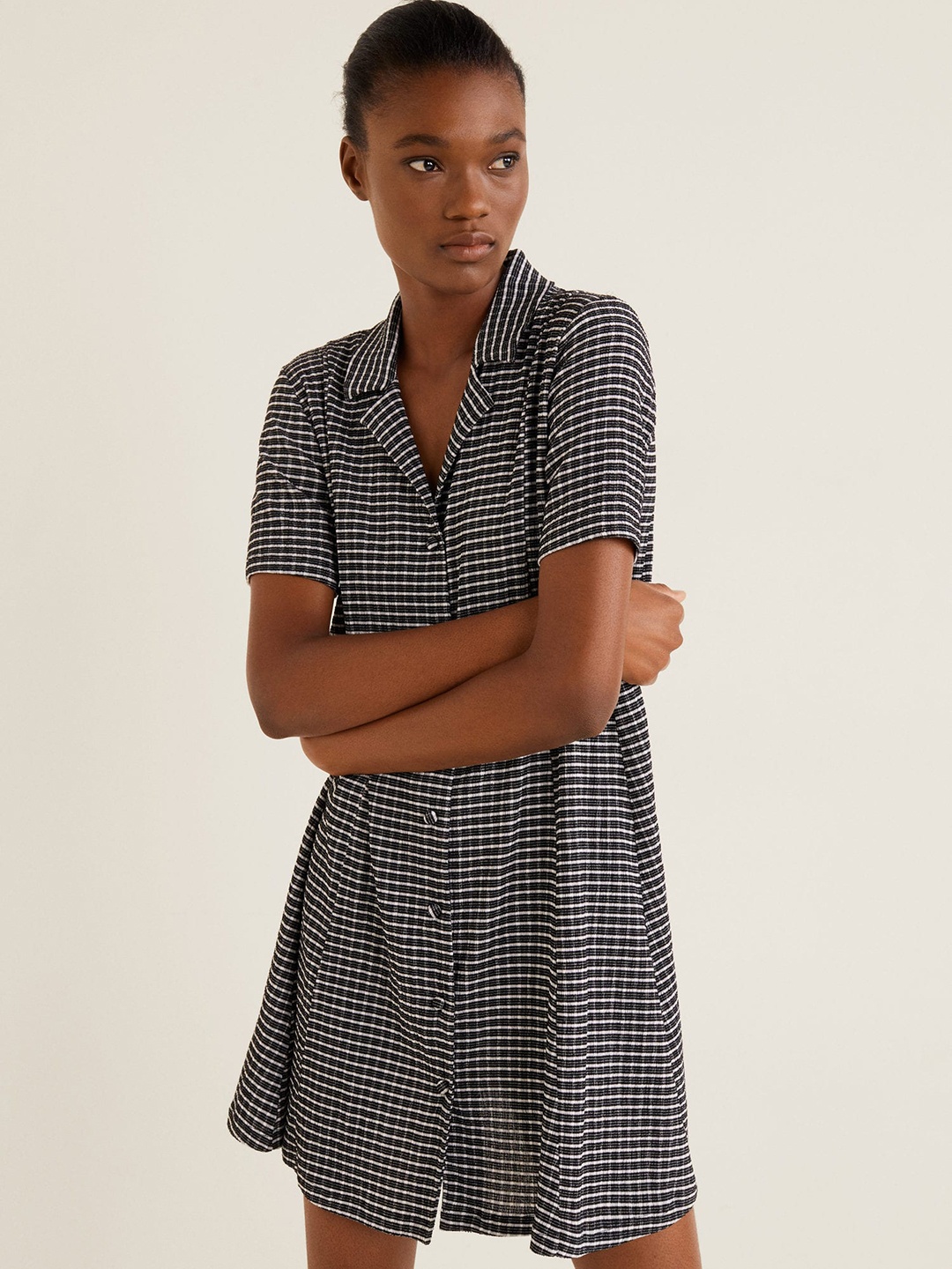 

MANGO Women Black & Off-White Checked Shirt Dress