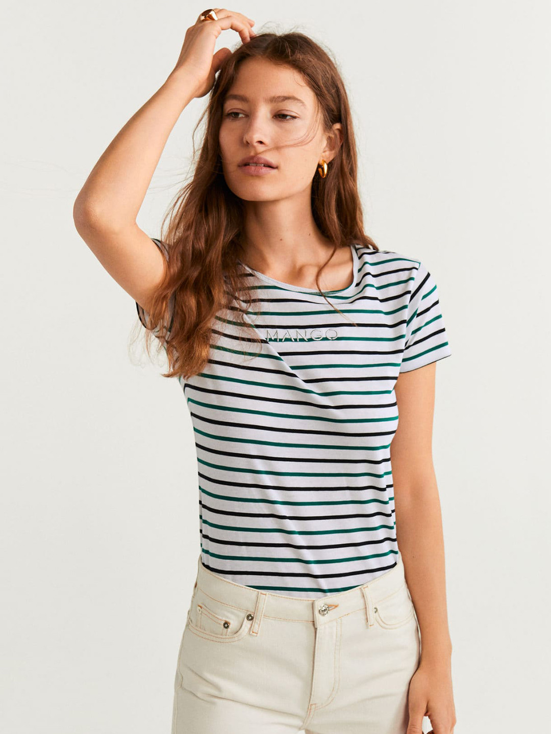 

MANGO Women White & Black Striped Round Neck T-shirt, Off white