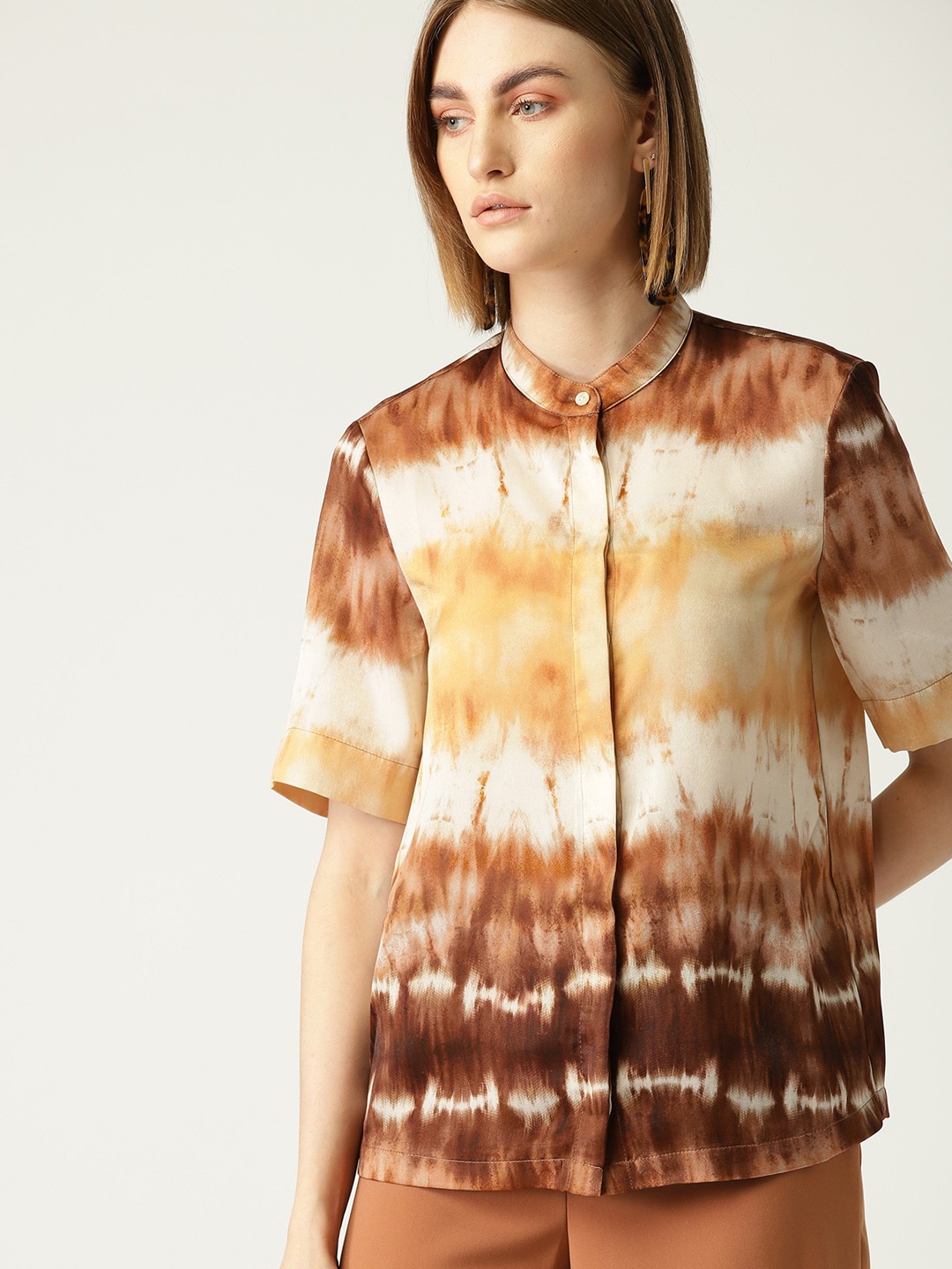 

MANGO Women Brown & Off-White Regular Fit Satin Finish Dyed Effect Casual Shirt