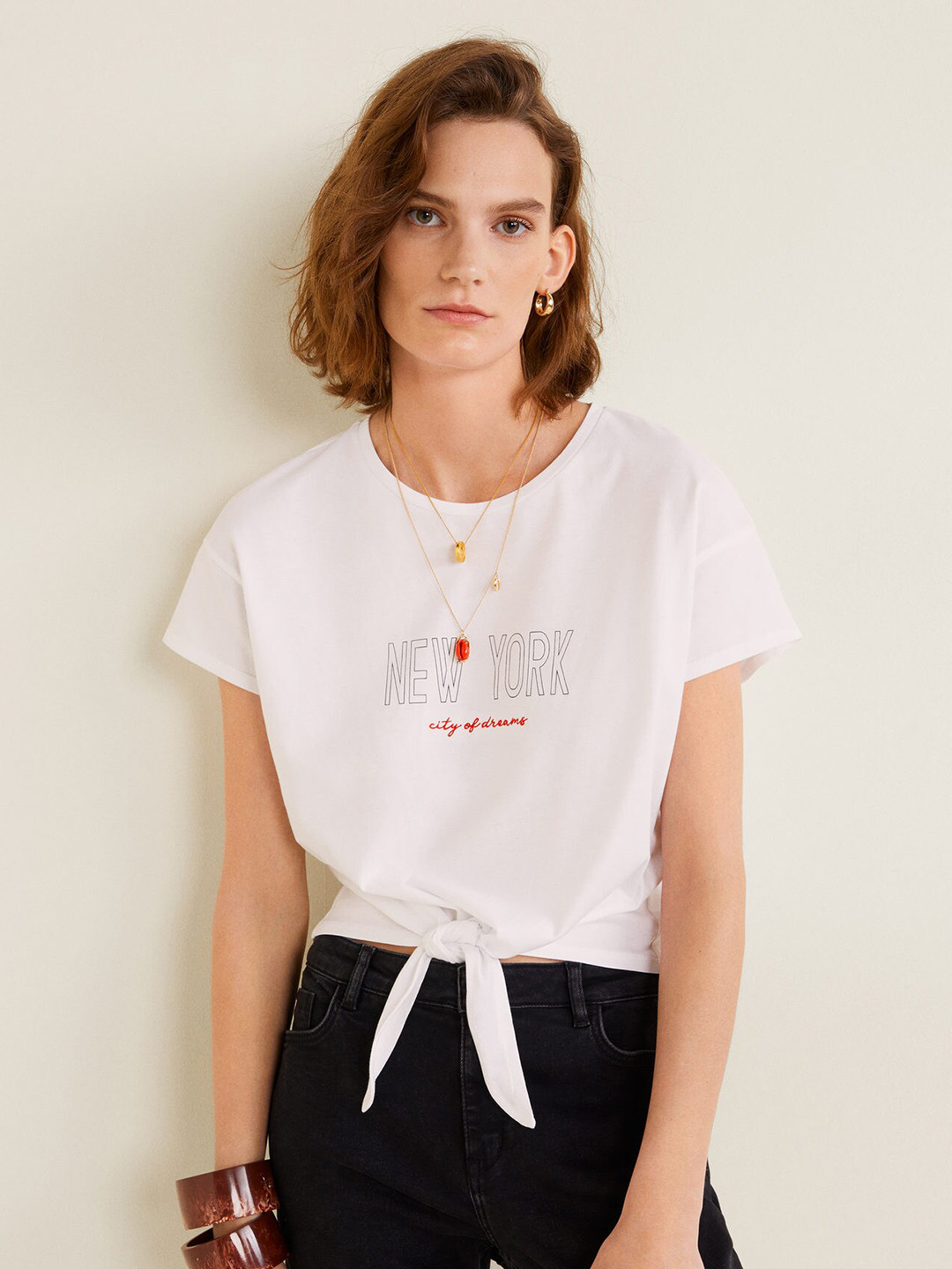 

MANGO Women White Printed Detail Pure Cotton Top