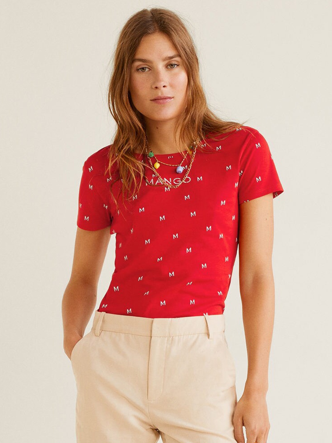 

MANGO Women Red Printed Round Neck T-shirt