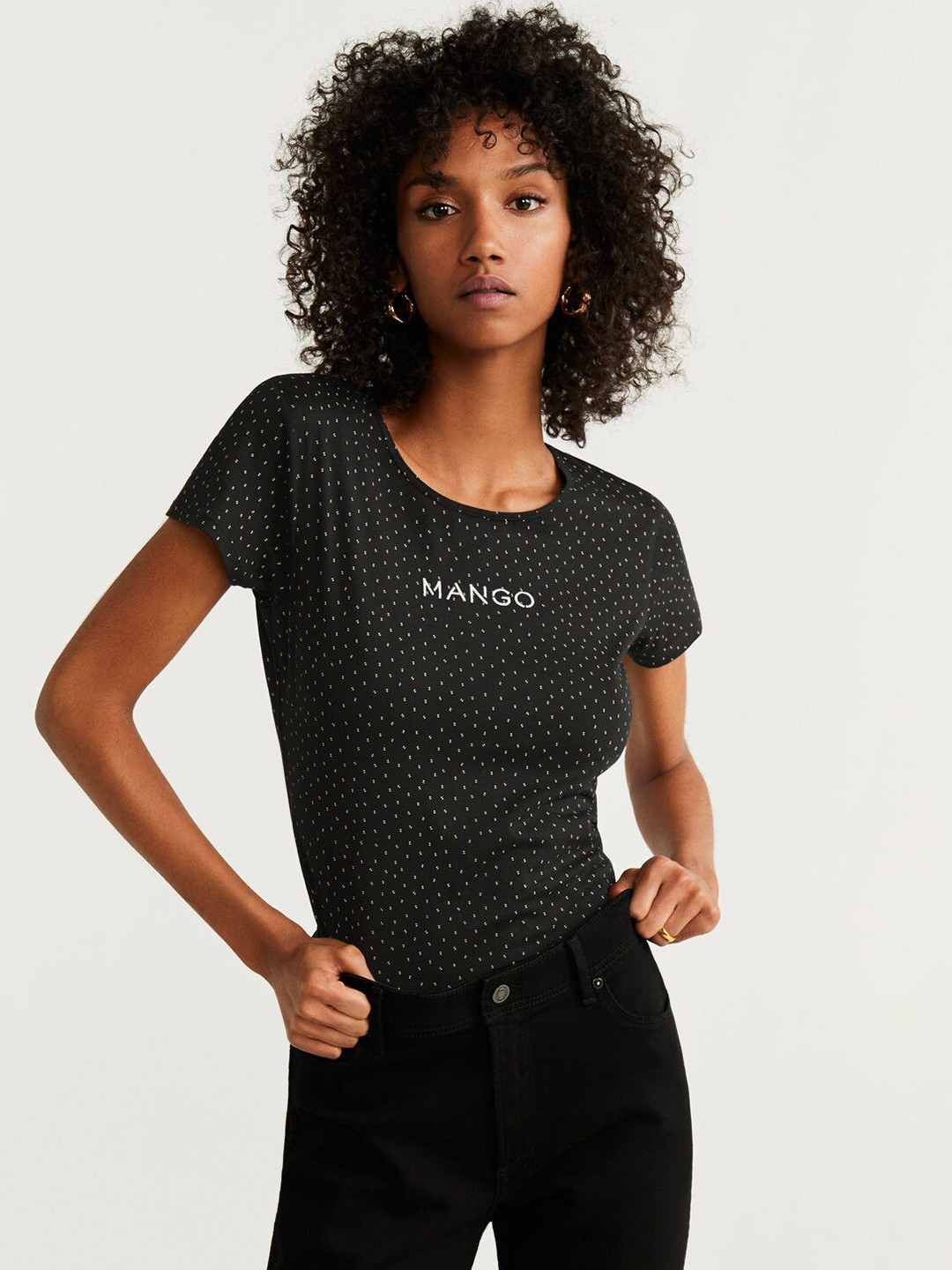 

MANGO Women Black & Mustard Yellow Printed Round Neck T-shirt
