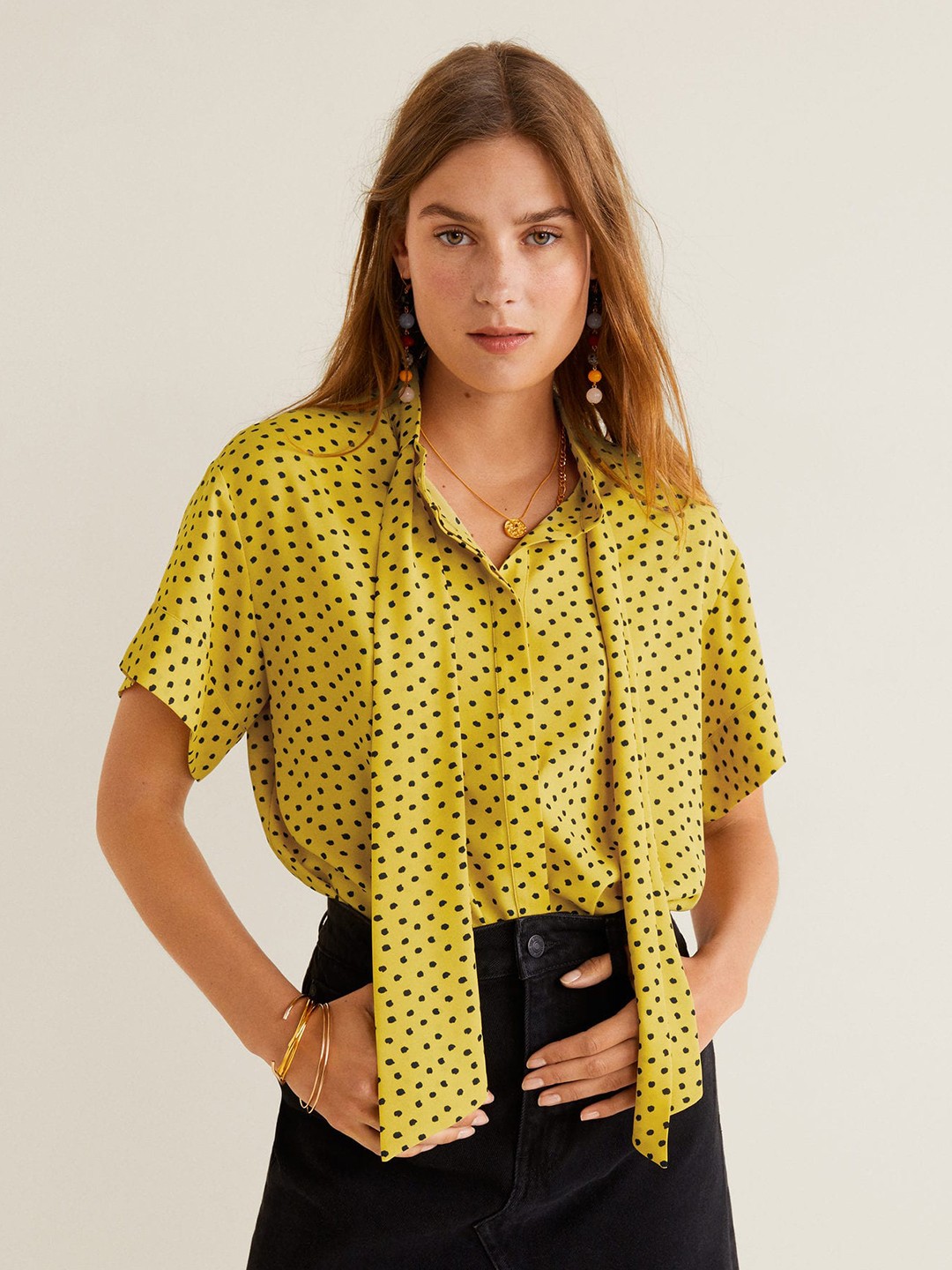 

MANGO Women Yellow & Black Printed Shirt Style Top