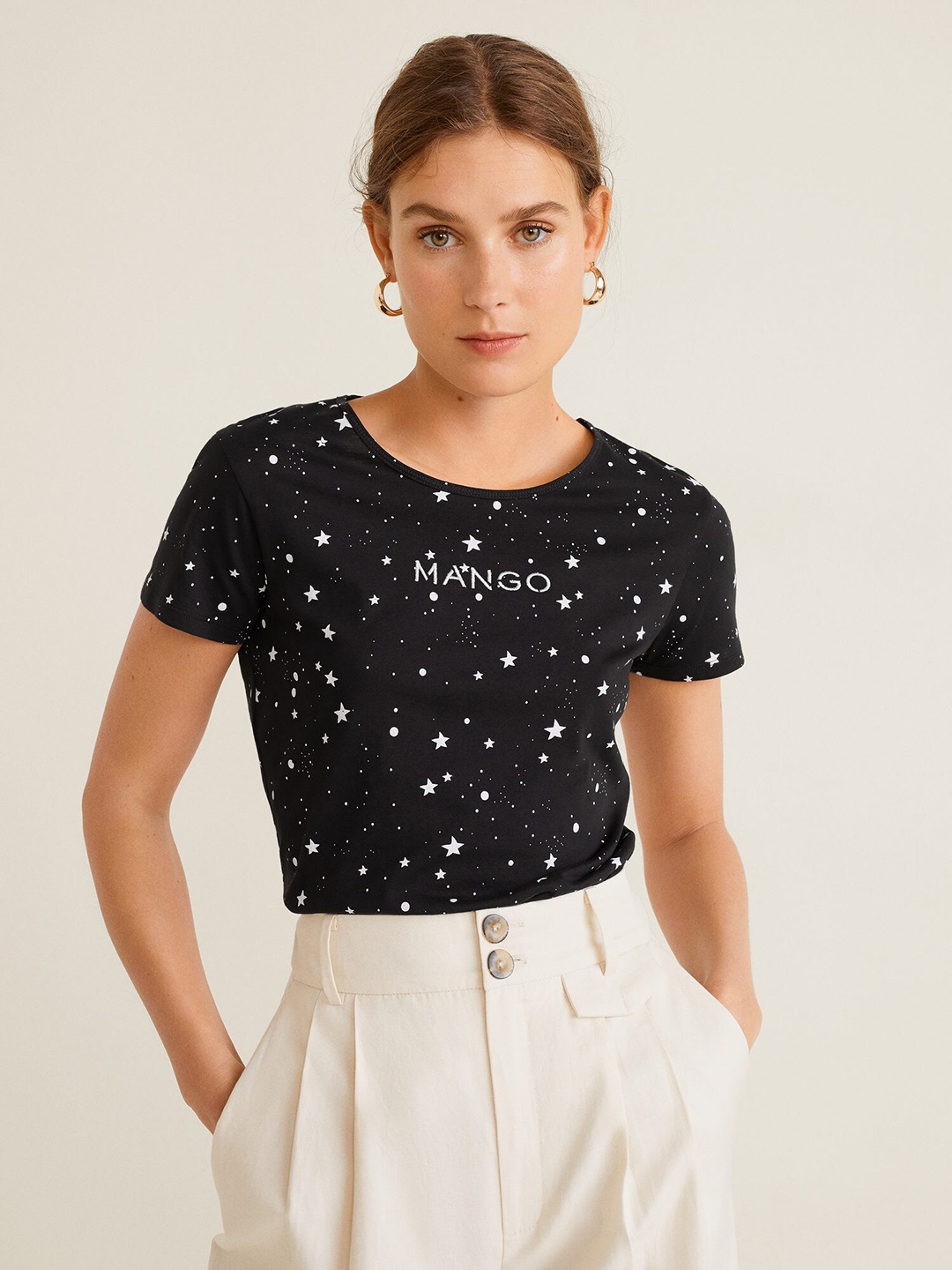 

MANGO Women Black Printed Round Neck T-shirt
