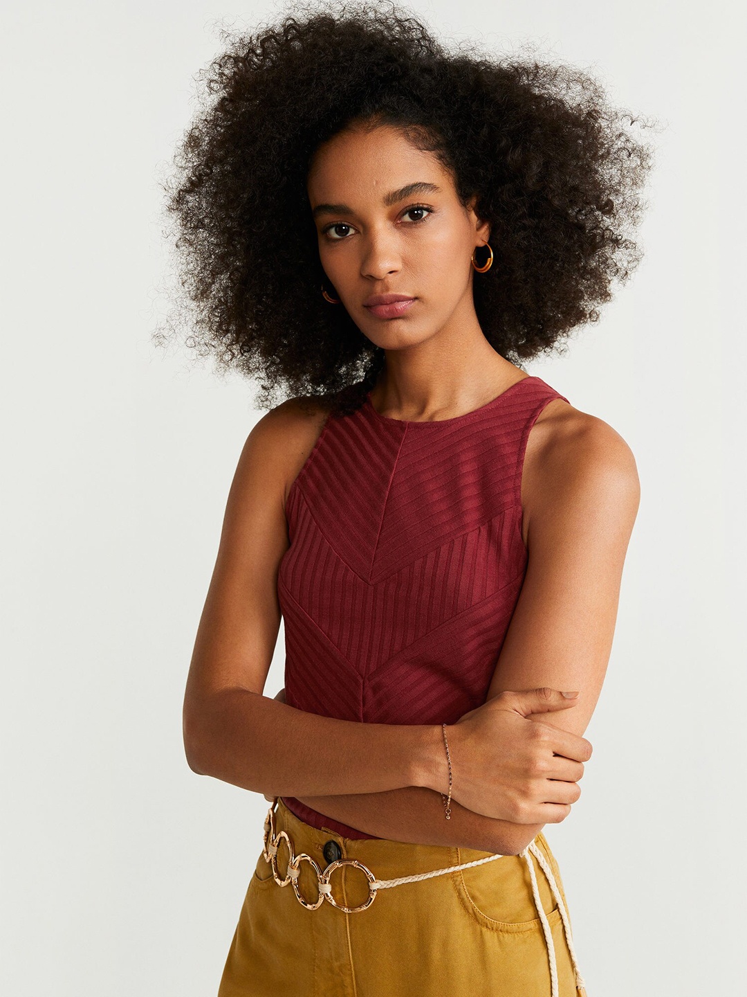 

MANGO Women Rust Brown Ribbed Fitted Top