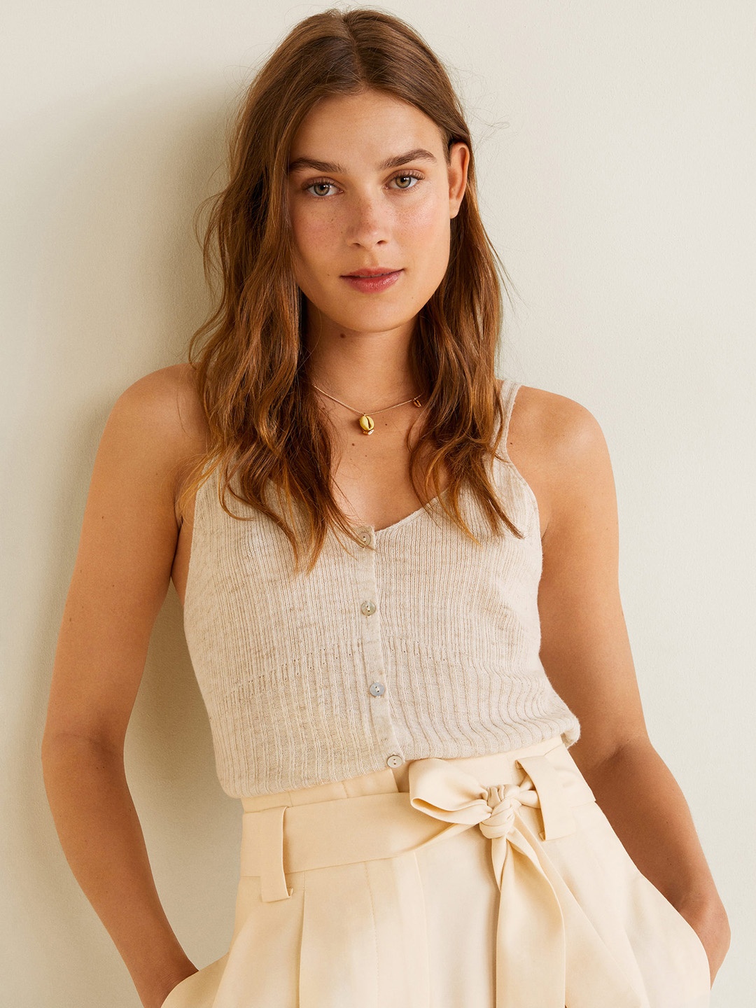

MANGO Women Beige Ribbed Top