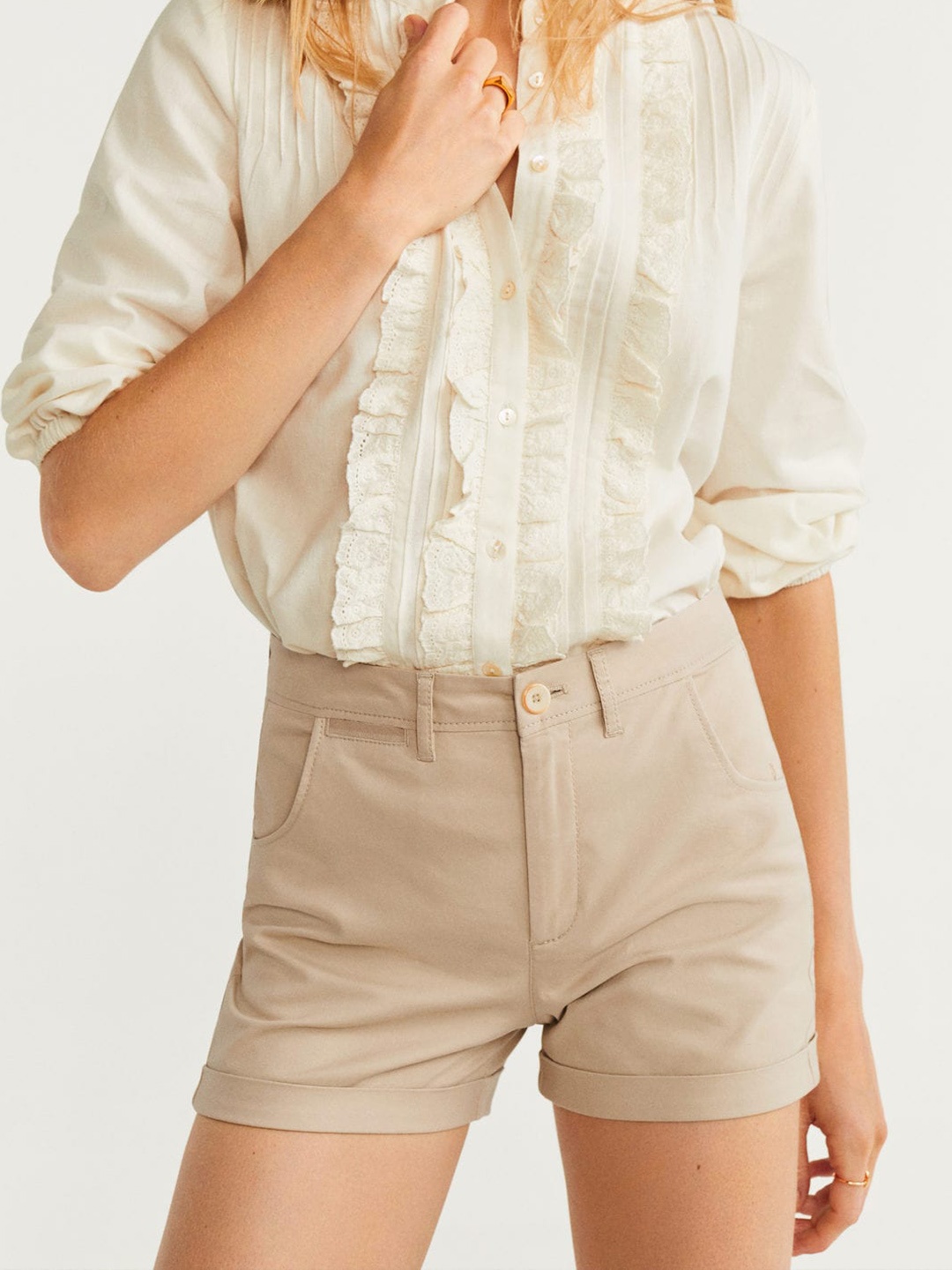 

MANGO Women Beige Solid Regular Fit Chino Shorts