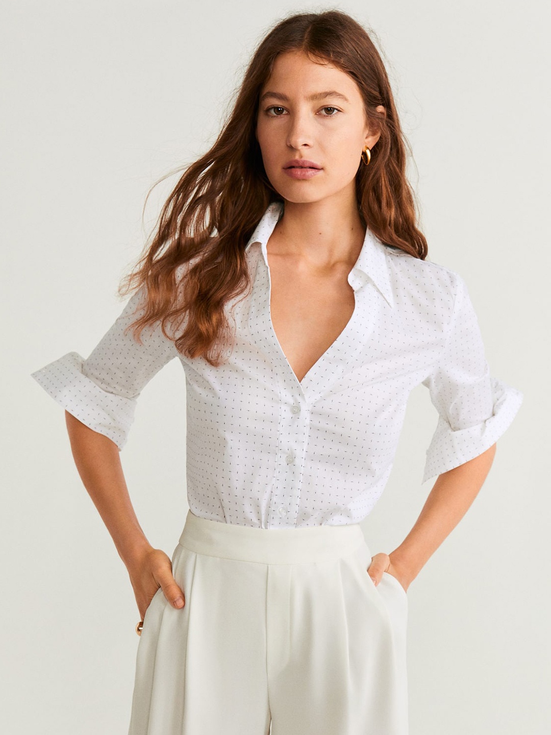 

MANGO Women White & Blue Regular Fit Printed Casual Shirt