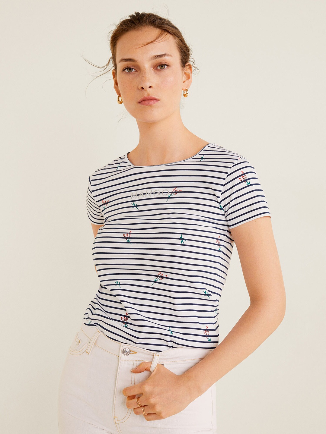

MANGO Women White Navy Blue Striped Round Neck Pure Cotton T-shirt