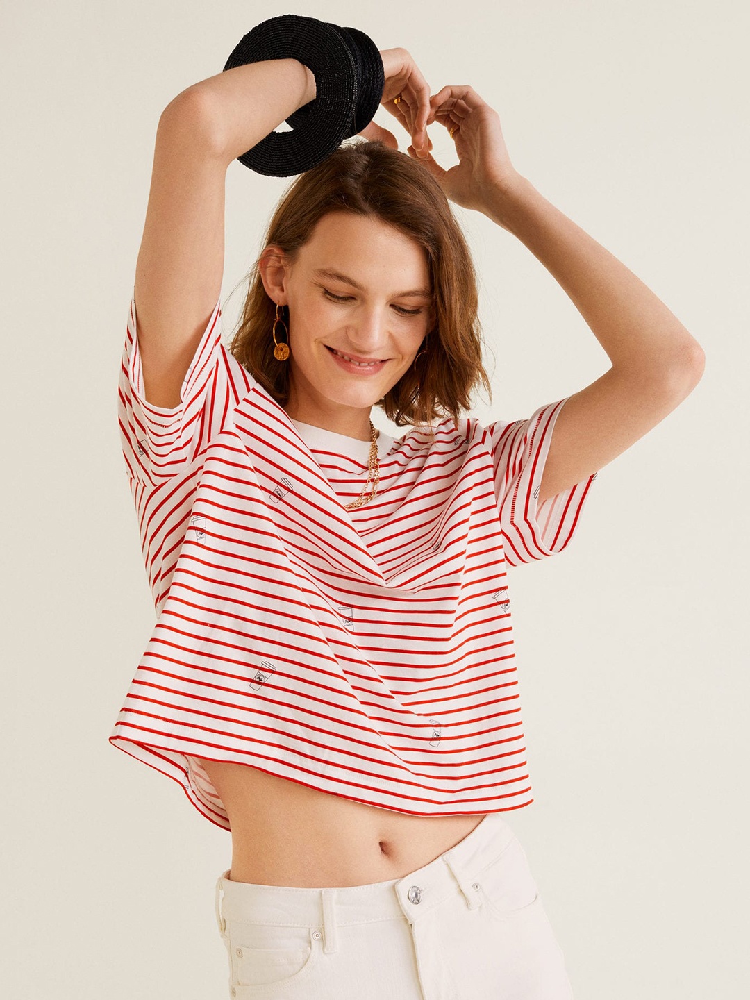

MANGO Women White & Red Striped Round Neck Boxy T-shirt