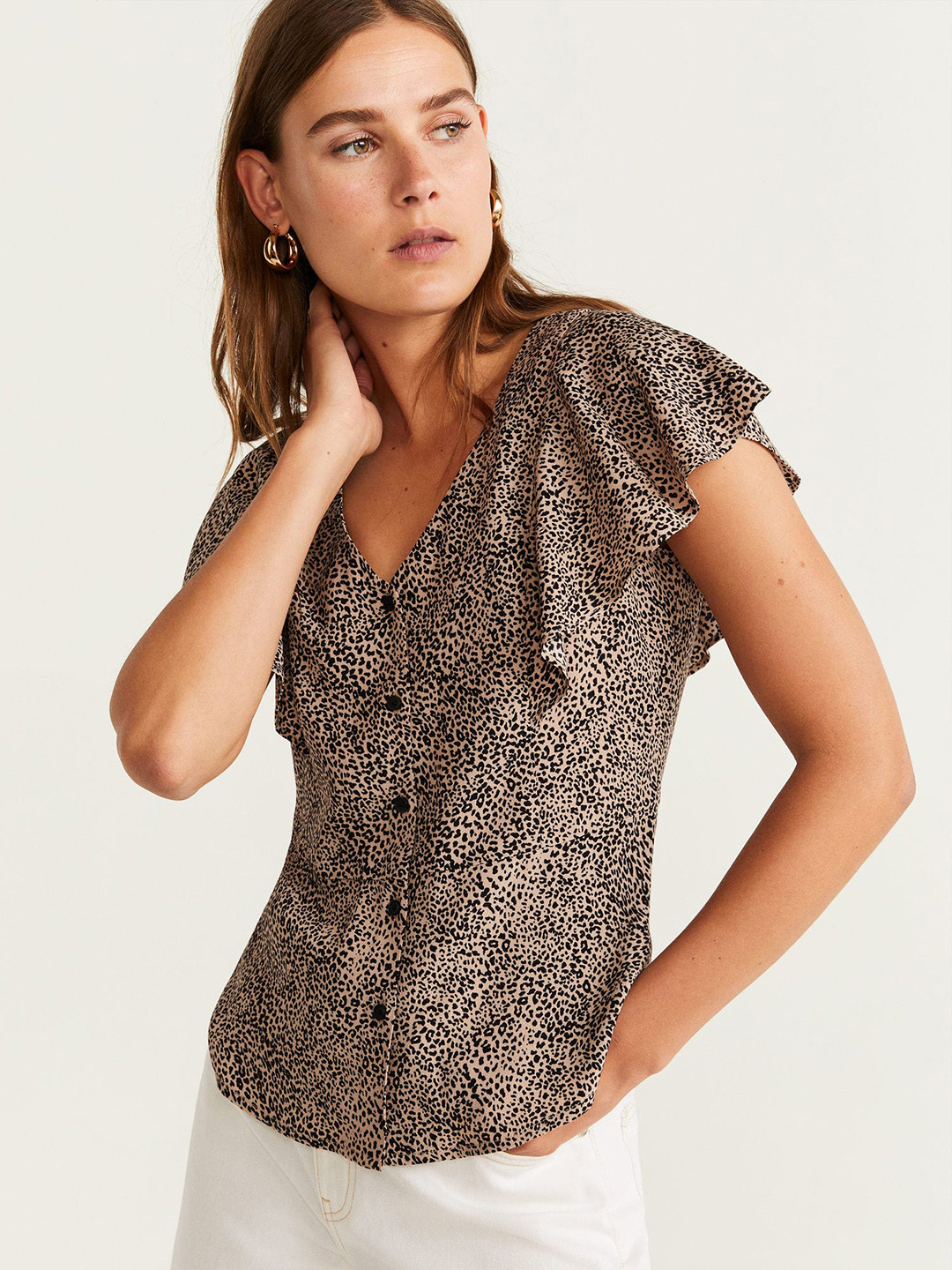 

MANGO Women Beige & Black Leopard Print Top