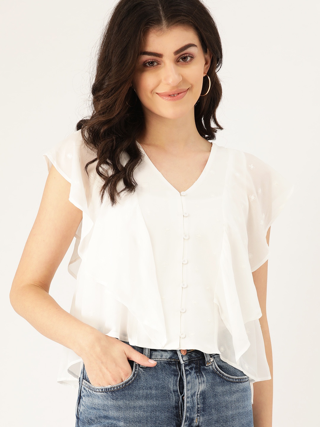 

MANGO Women White Embroidered A-Line Top