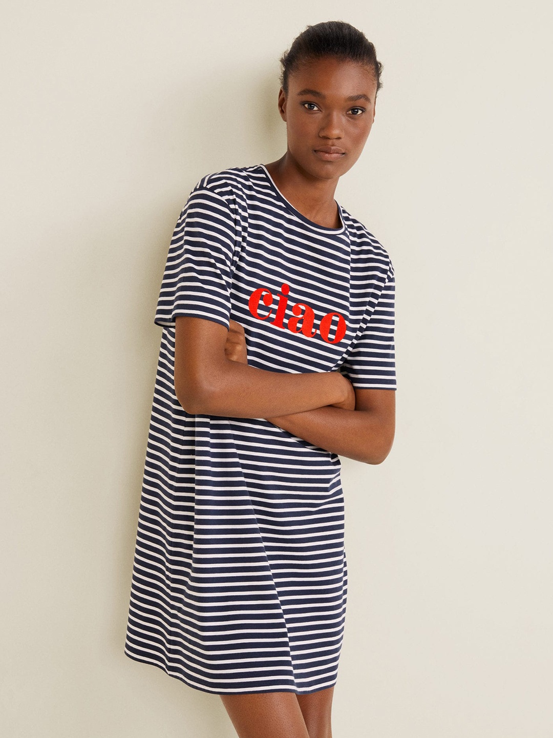 

MANGO Women Navy & White Striped T-shirt Dress, Navy blue