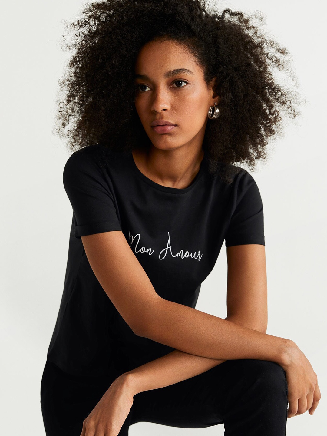 

MANGO Women Black Solid Round Neck Pure Cotton T-shirt
