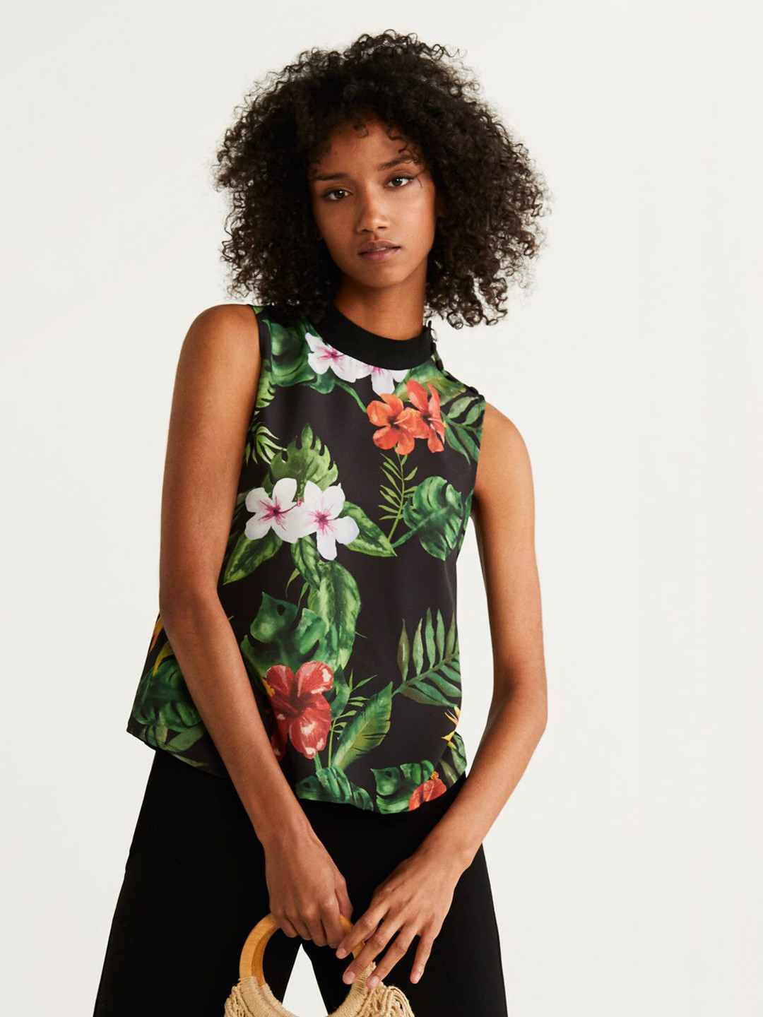 

MANGO Women Black & Green Tropical Printed Top