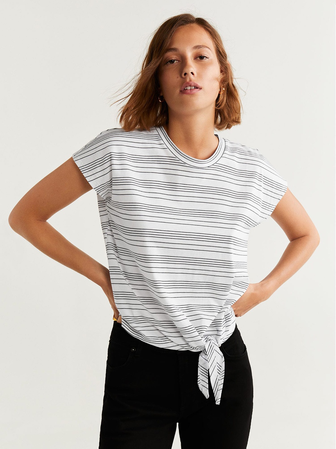 

MANGO Women White & Black Striped Pure Cotton Top