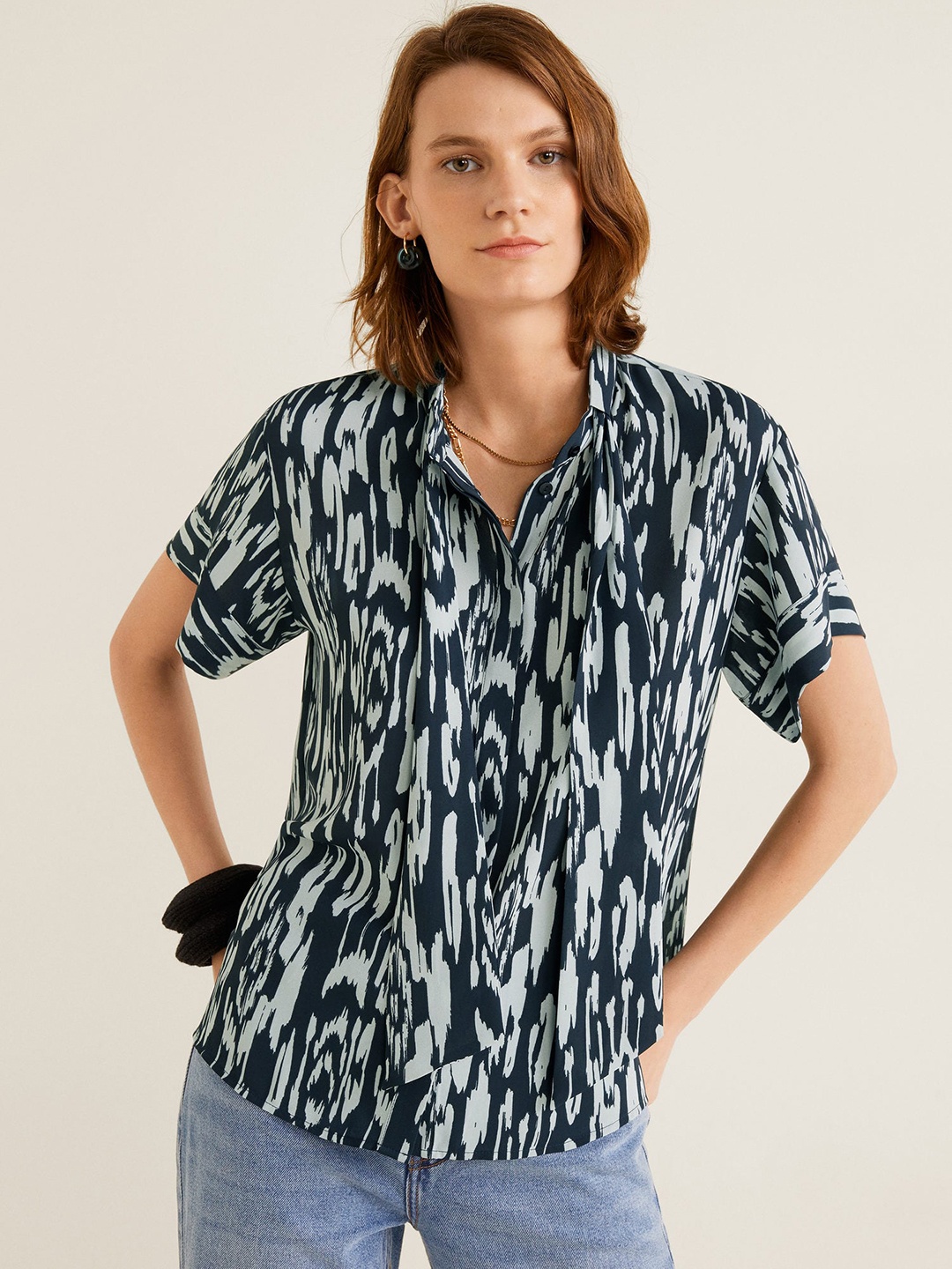 

MANGO Women Black & Mint Green Printed Shirt Style Top