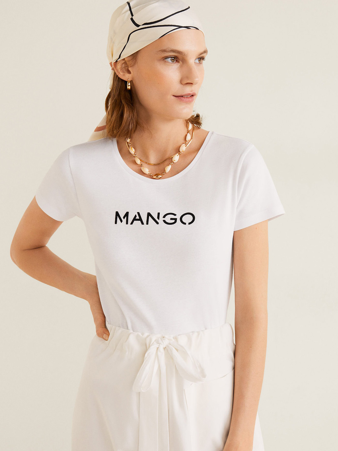 

MANGO Women White Black Printed Round Neck Pure Cotton T-shirt