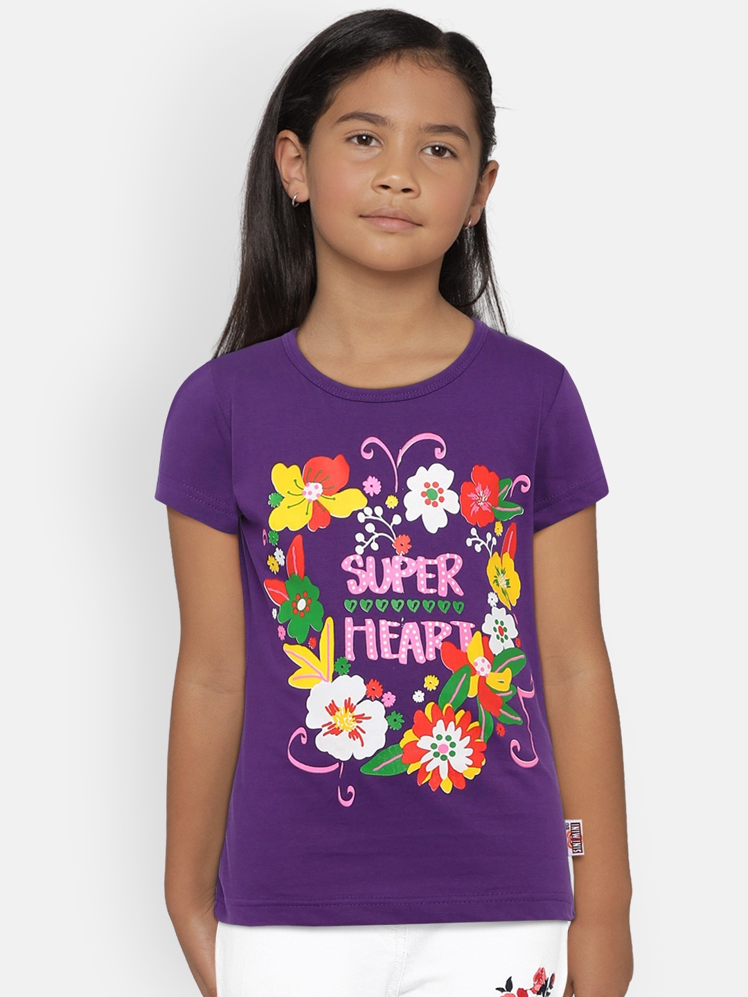 

SINI MINI Girls Purple Printed Round Neck Pure Cotton T-shirt