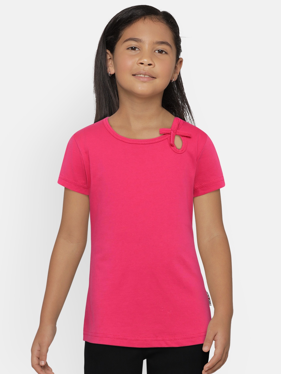 

SINI MINI Girls Pink Solid Round Neck Pure Cotton T-shirt