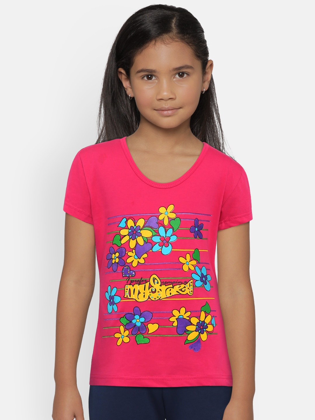 

SINI MINI Girls Pink Printed Round Neck T-shirt