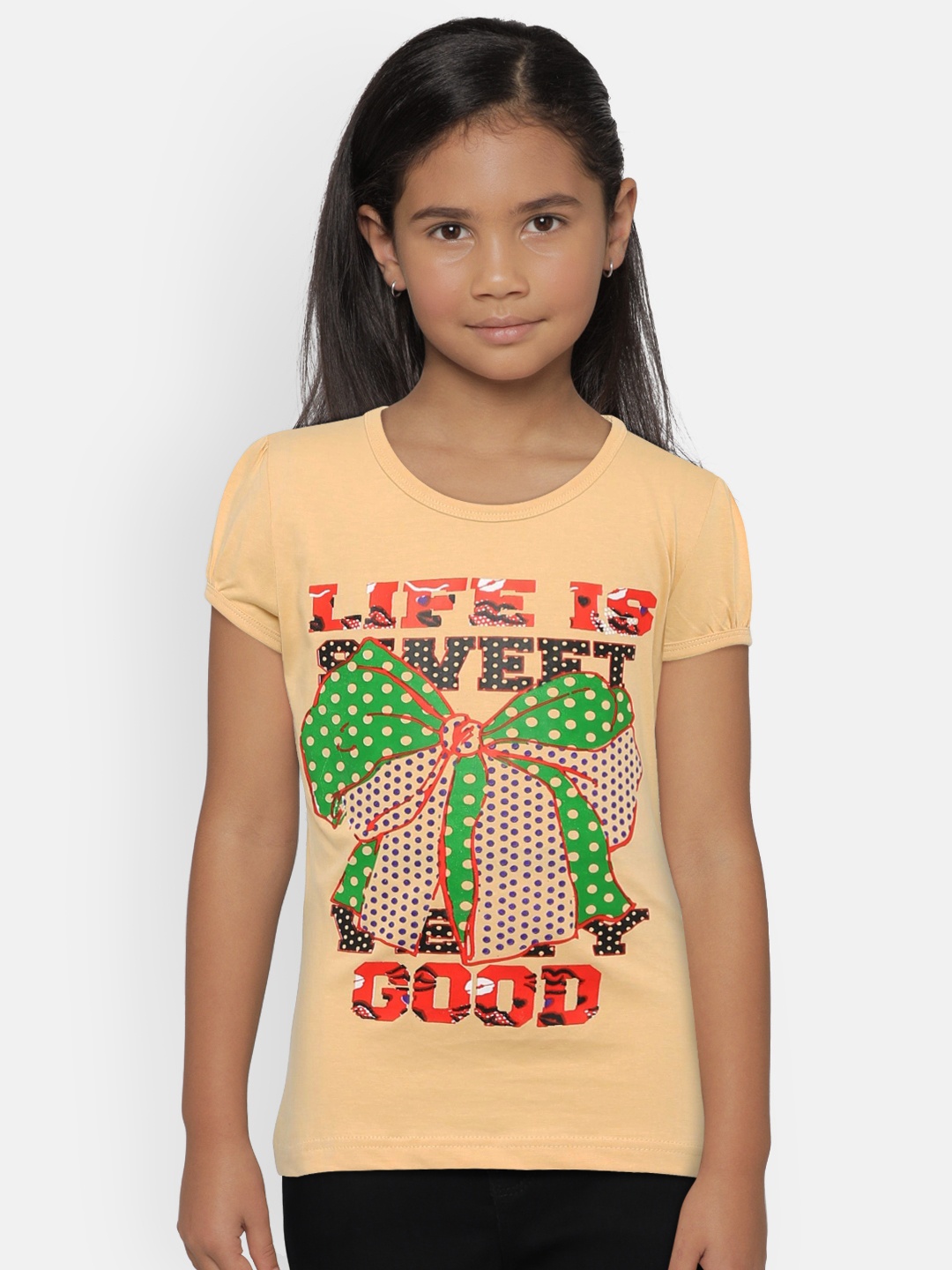 

SINI MINI Girls Beige Printed Round Neck T-shirt