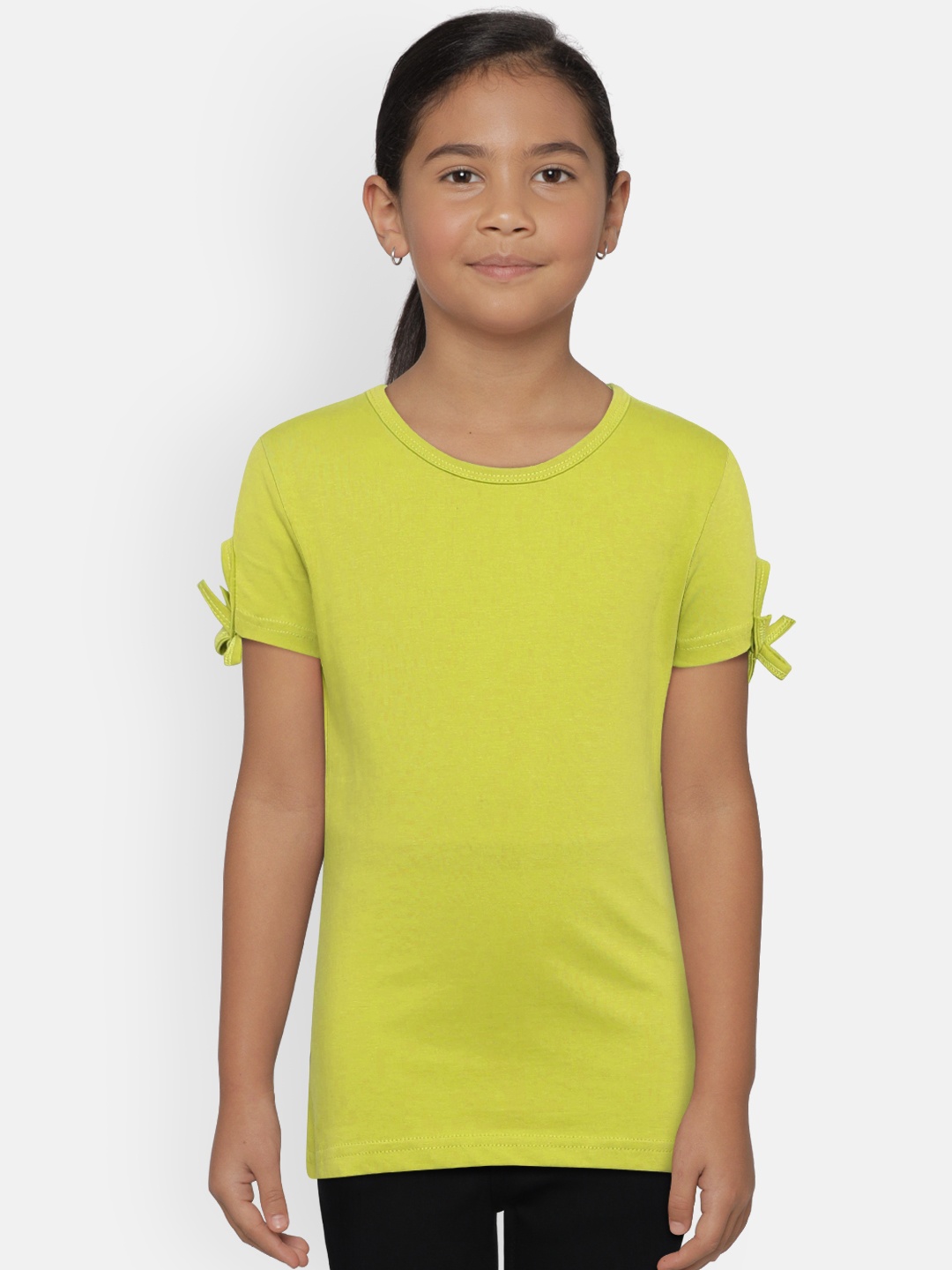 

SINI MINI Girls Lime Green Solid Round Neck Pure Cotton T-shirt