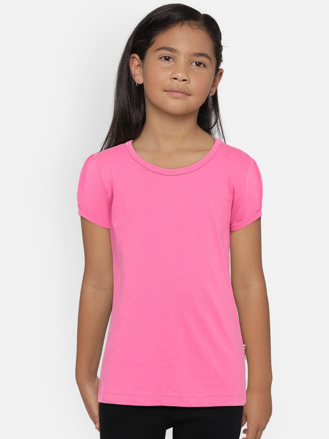 

SINI MINI Girls Pink Solid Round Neck Pure Cotton T-shirt