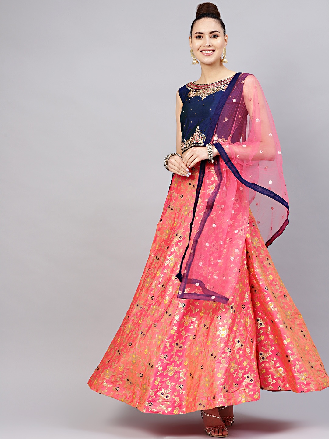 

Chhabra 555 Pink & Navy Blue Woven Design Made to Measure Lehenga & Choli with Dupatta
