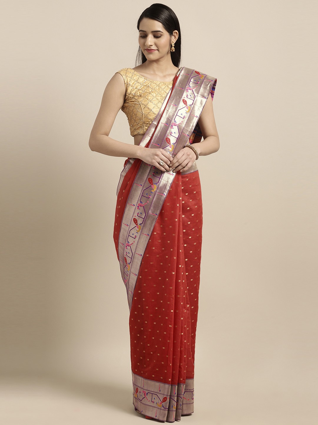 

Varkala Silk Sarees Red & Purple Cotton Blend Woven Design Saree