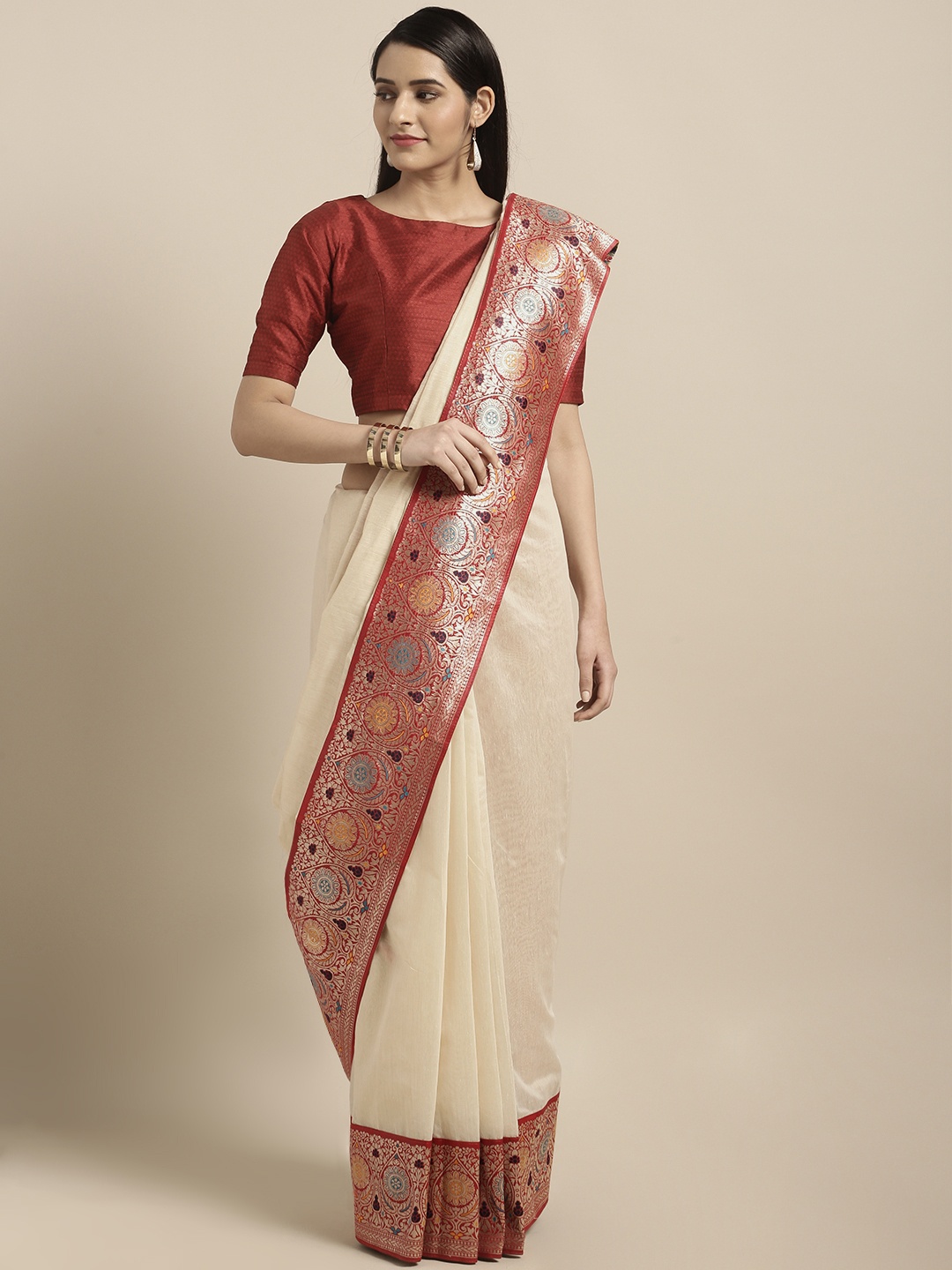 

Varkala Silk Sarees Cream-Coloured & Red Cotton Blend Solid Banarasi Saree
