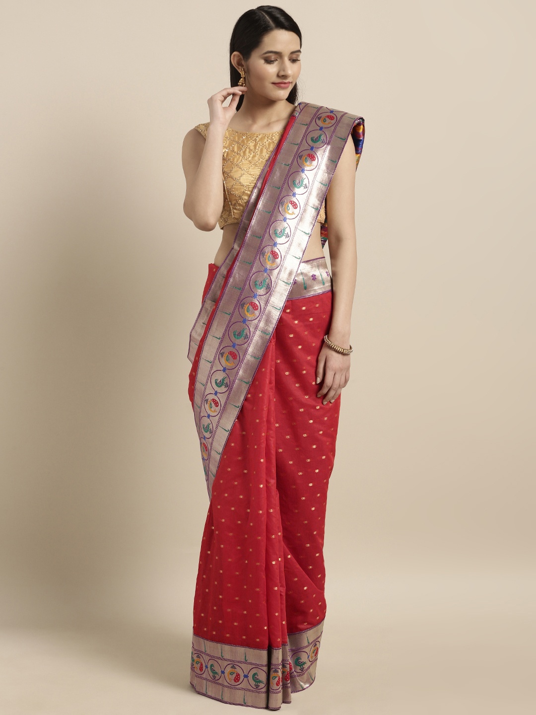 

Varkala Silk Sarees Red & Purple Cotton Blend Woven Design Paithani Saree