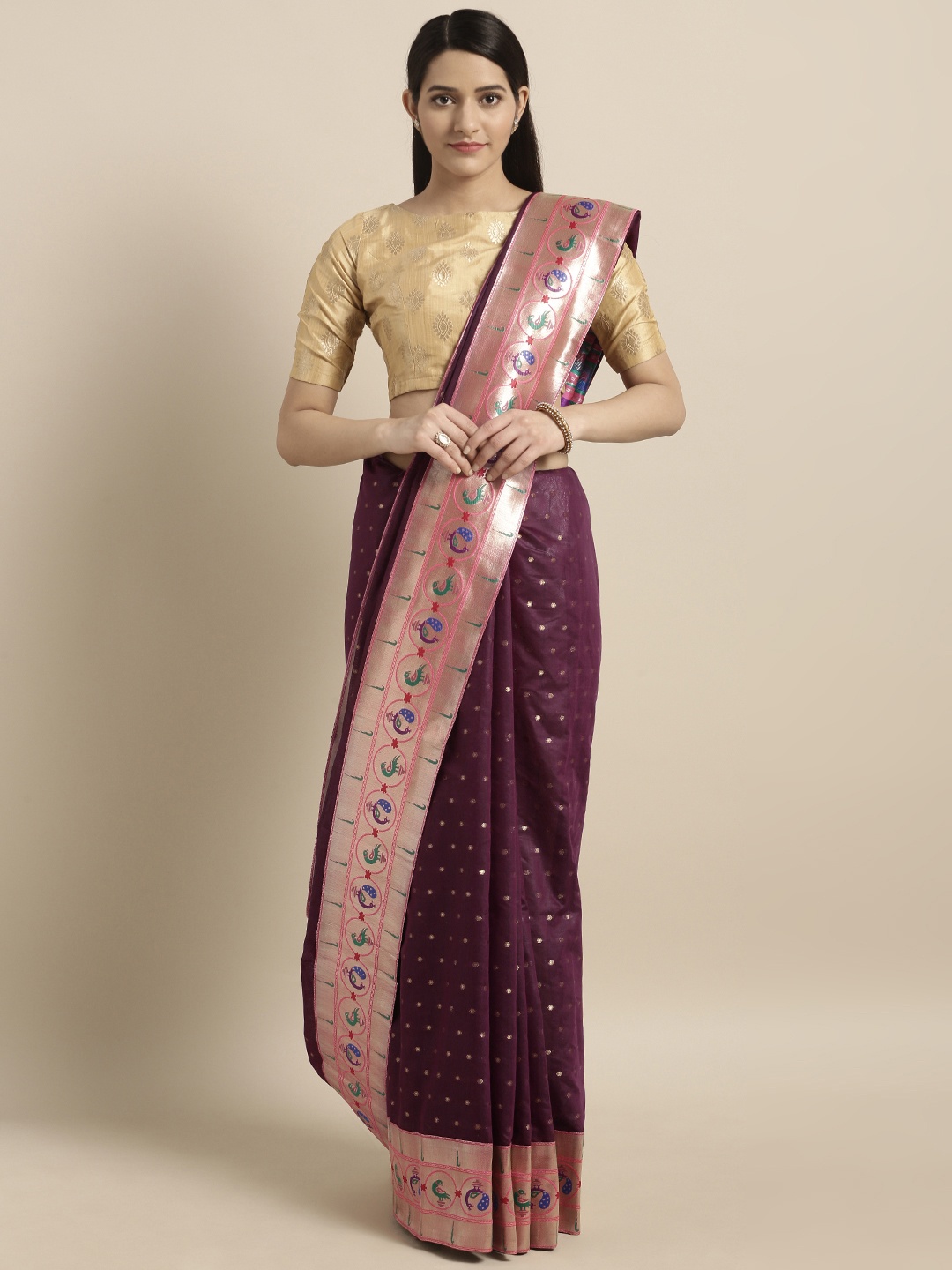 

Varkala Silk Sarees Burgundy & Gold-Toned Cotton Blend Woven Design Saree