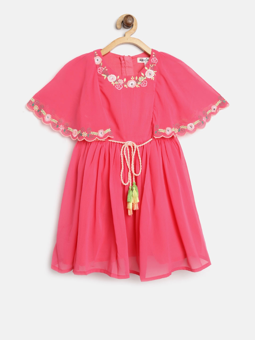 

Nauti Nati Girls Pink Solid Fit & Flare Dress with Floral Embroidered Detail