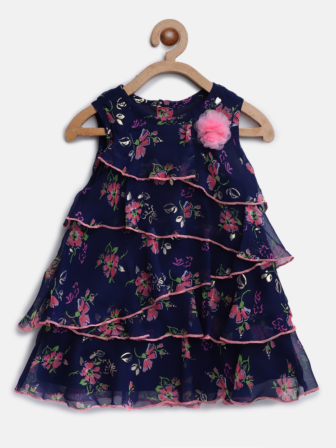 

Nauti Nati Girls Navy Blue & Pink Floral Print Layered A-Line Dress with Briefs