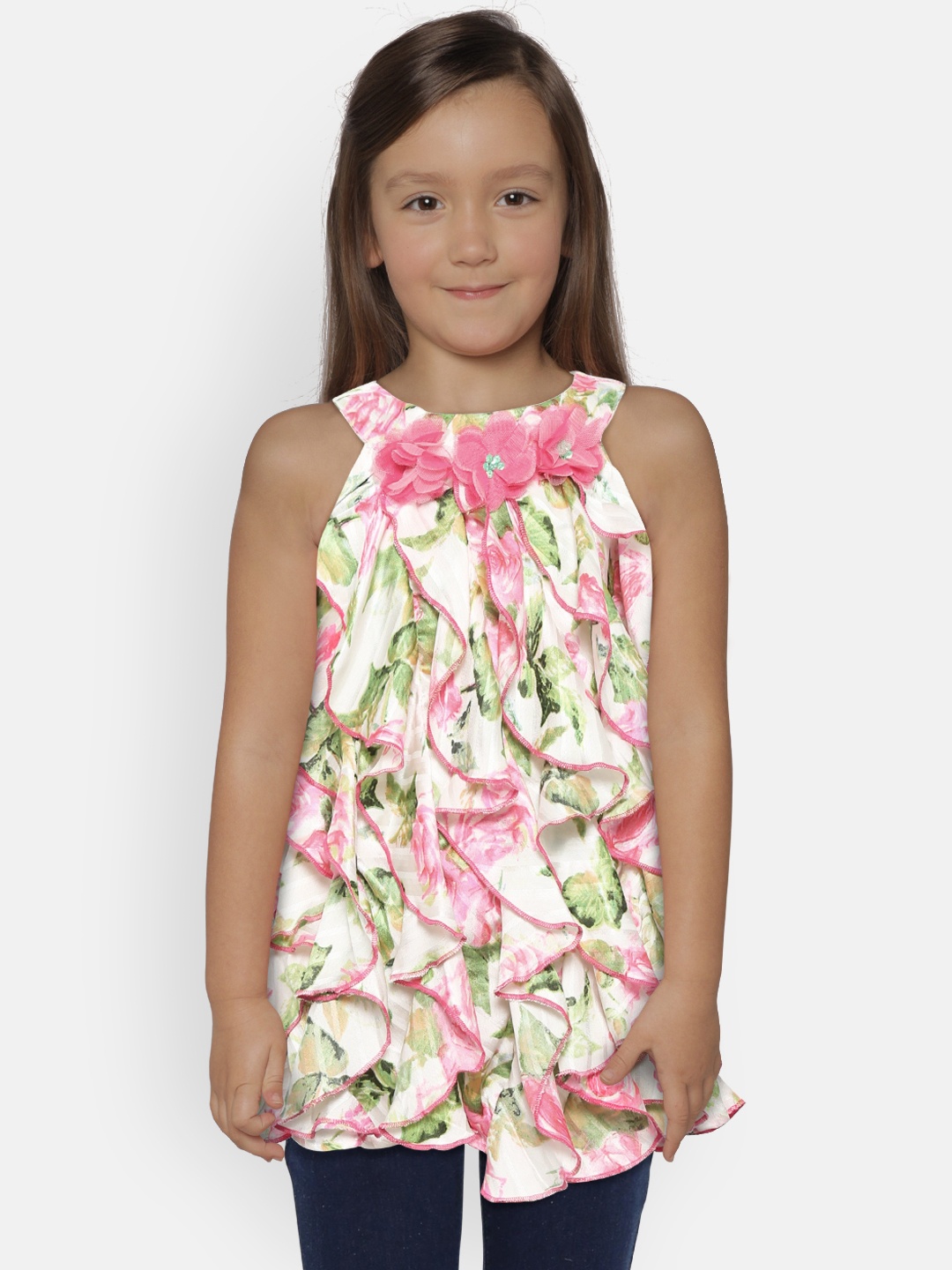 

Nauti Nati Girls White & Pink Floral Print A-Line Dress