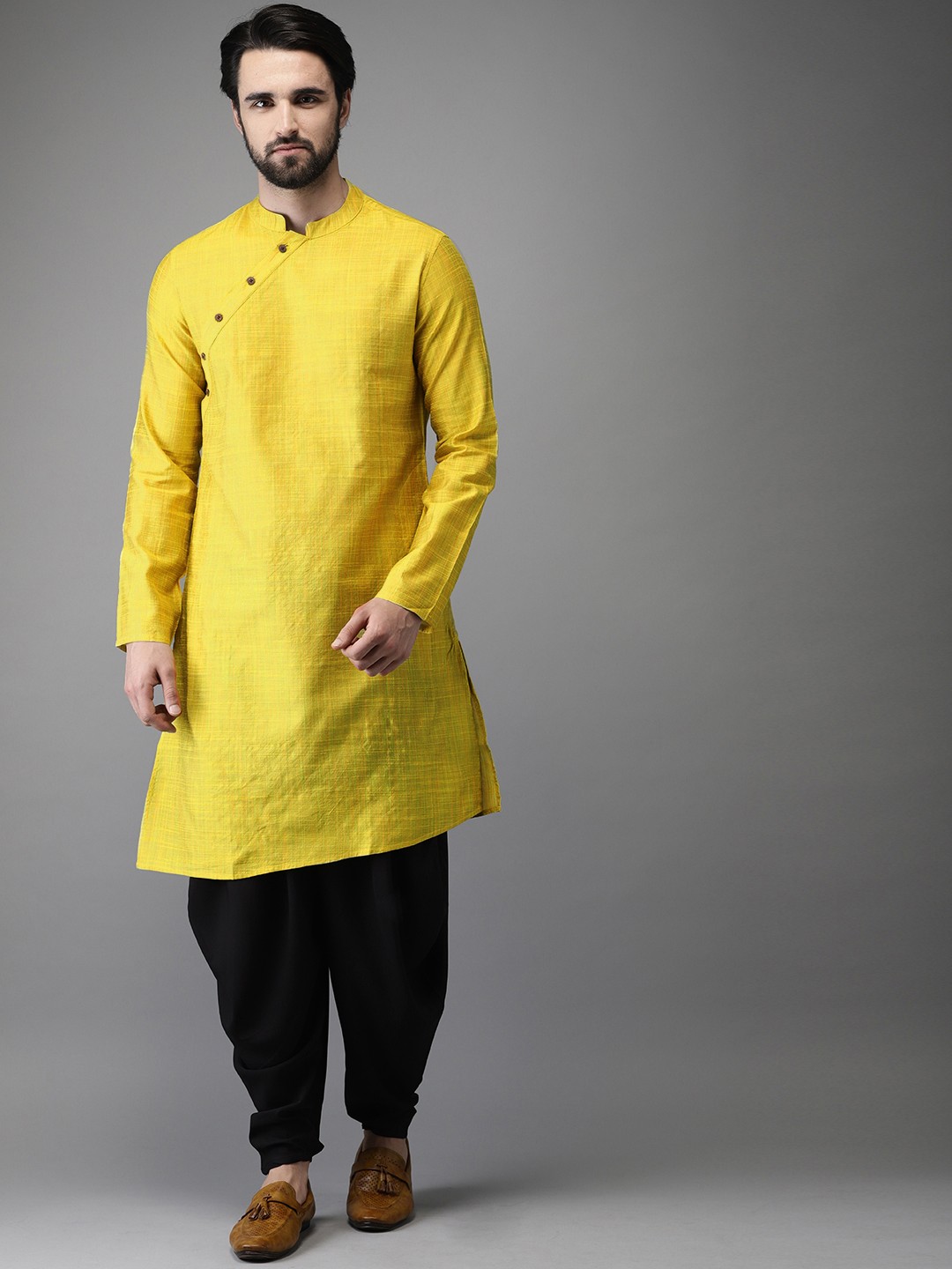 

Anouk Men Mustard Yellow & Black Solid Kurta with Pyjamas