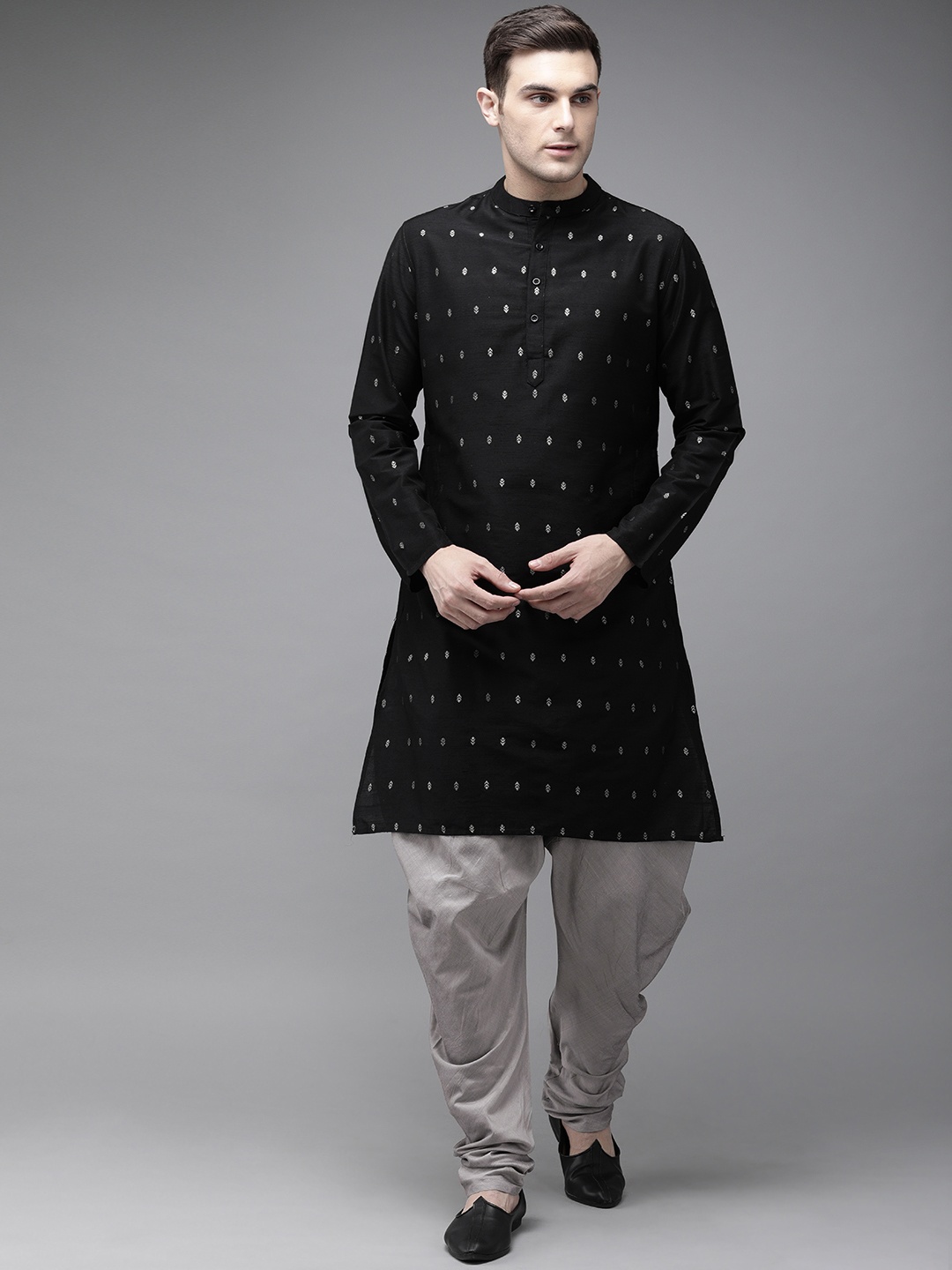 

Anouk Men Black & Charcoal Grey Woven Design Kurta with Churidar