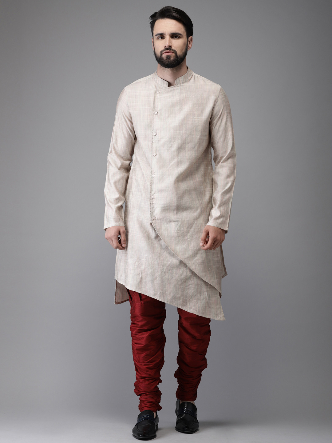 

Anouk Men Beige & Maroon Solid Angrakha Kurta with Churidar